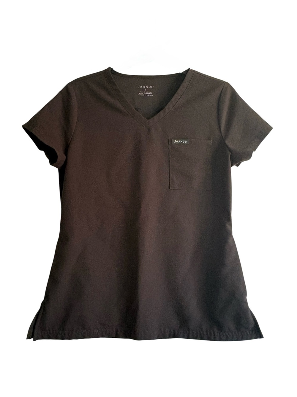 Jaanuu Women's V-Neck Scrub Top in Black with Chest Pocket